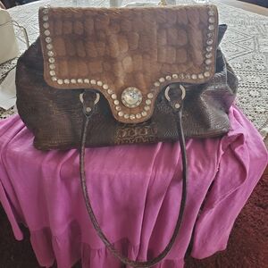 Raviani Chic Brown Embellished Leather and Cowhide Shoulder Bag
